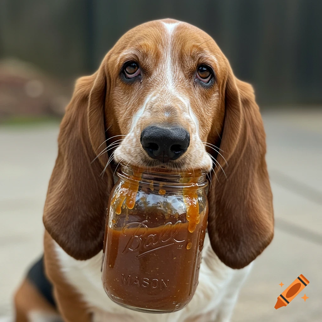 A Basset Hound holds a dripping mason jar of sauce in its mouth. Photorealistic.