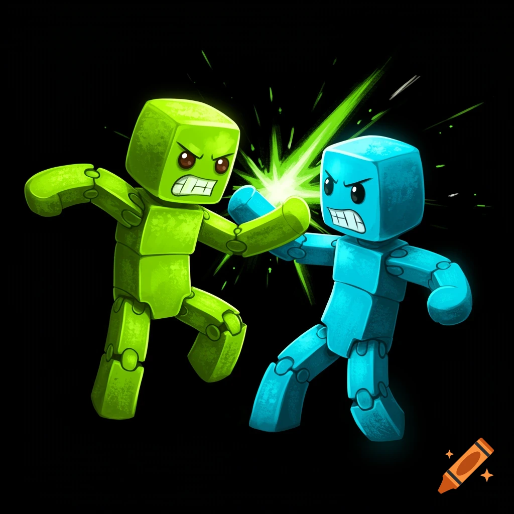 Green block robot fighting a blue block robot against a black background.
