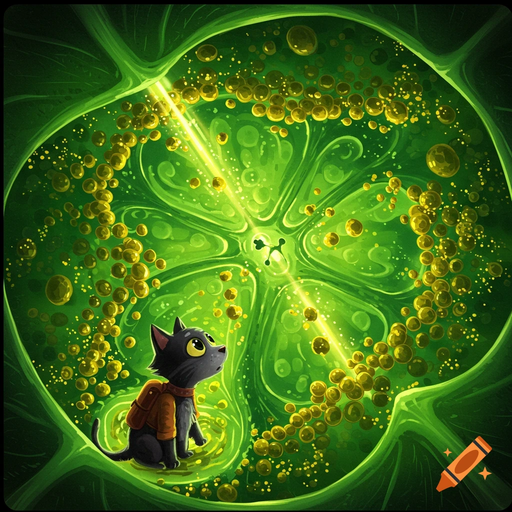 A black cat with a backpack looks up inside a bright green plant cell.