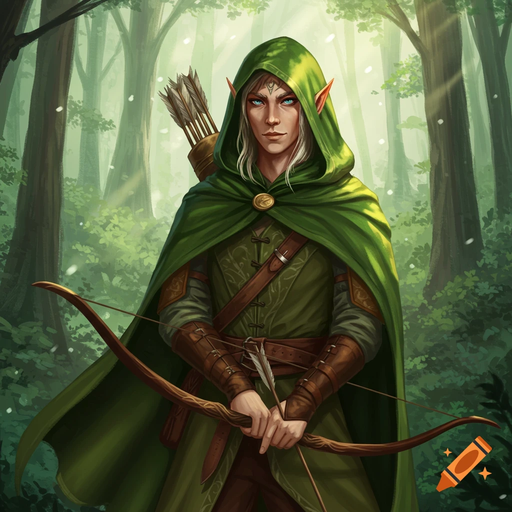Elf ranger in a green cloak with a bow and quiver in a forest