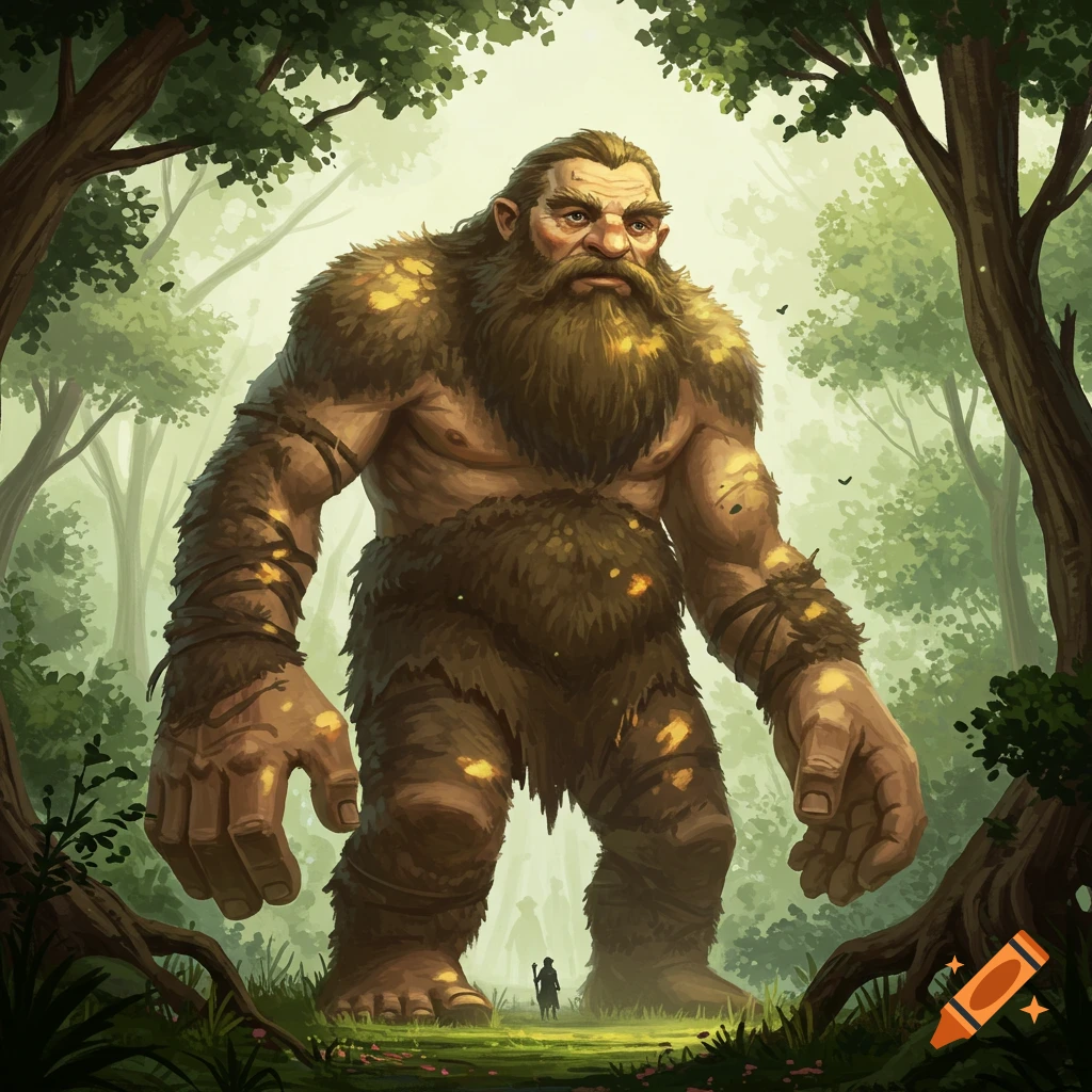 A large, hairy giant stands in a forest with a tiny human figure visible in the background.