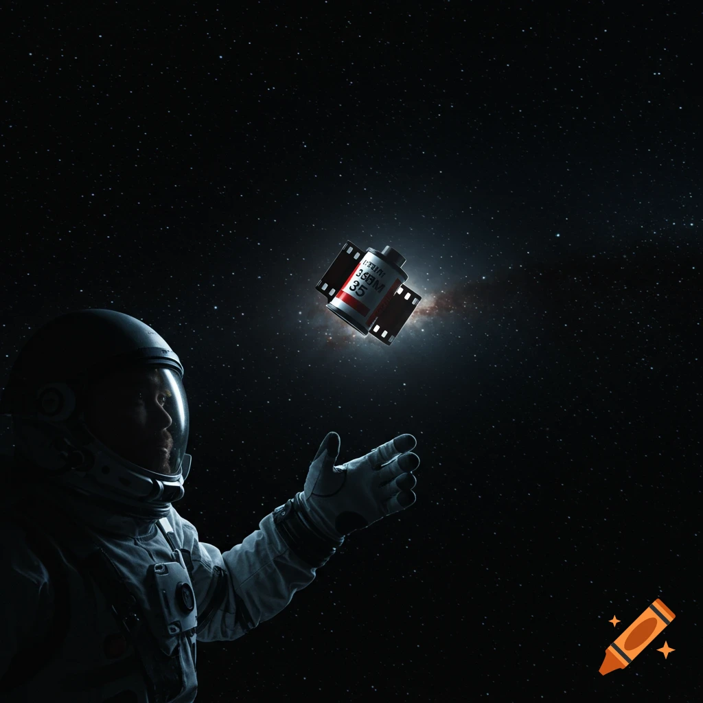 An astronaut in space reaches for a floating film canister. Photorealistic.
