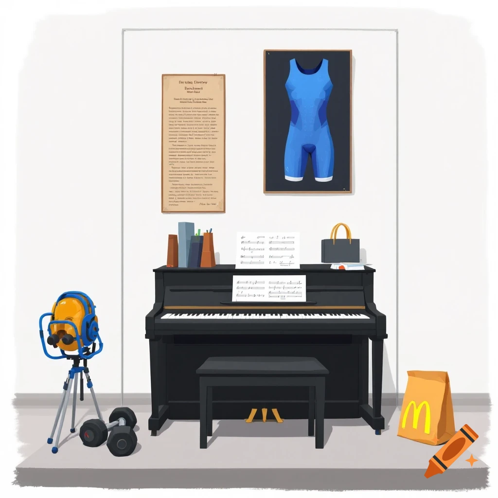 A room with a piano, framed document and singlet, dumbbells, and McDonald's bag.