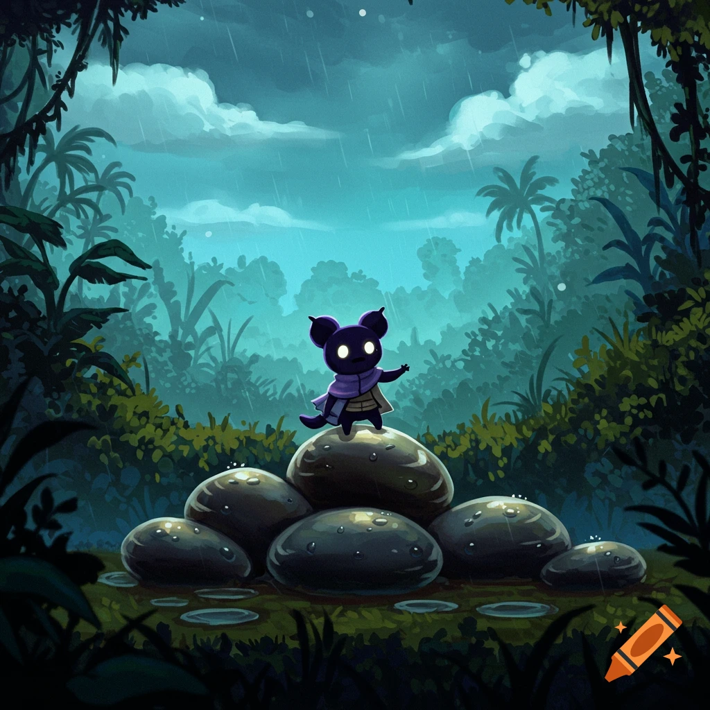A small dark creature with glowing eyes stands on wet rocks in a rainy jungle.
