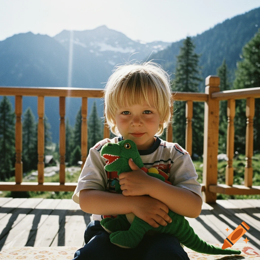 Kodak-style photo of a young boy holding a green dinosaur on a mountain porch.