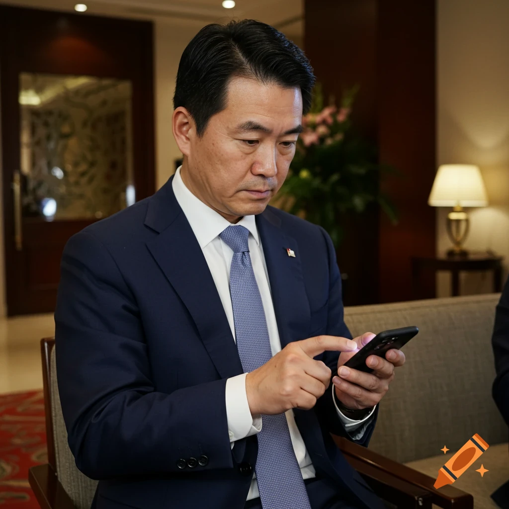 A man in a suit looks at and types on his phone.