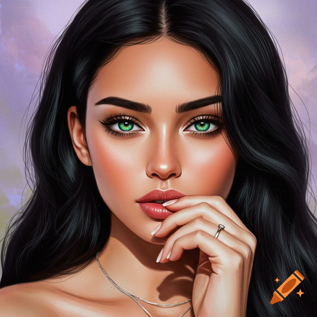 A woman with green eyes and black hair.