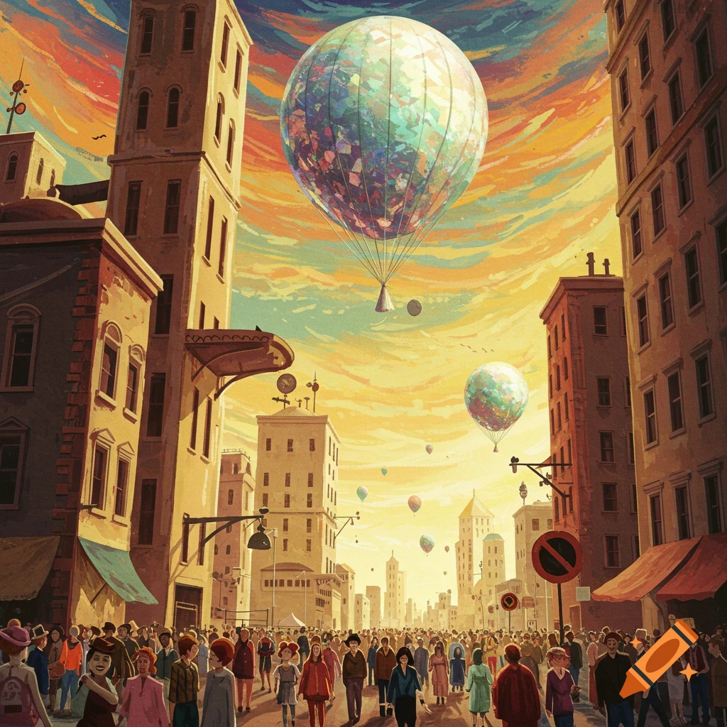 Street scene with a crowd looking up at large, colorful balloons floating over buildings at sunset.