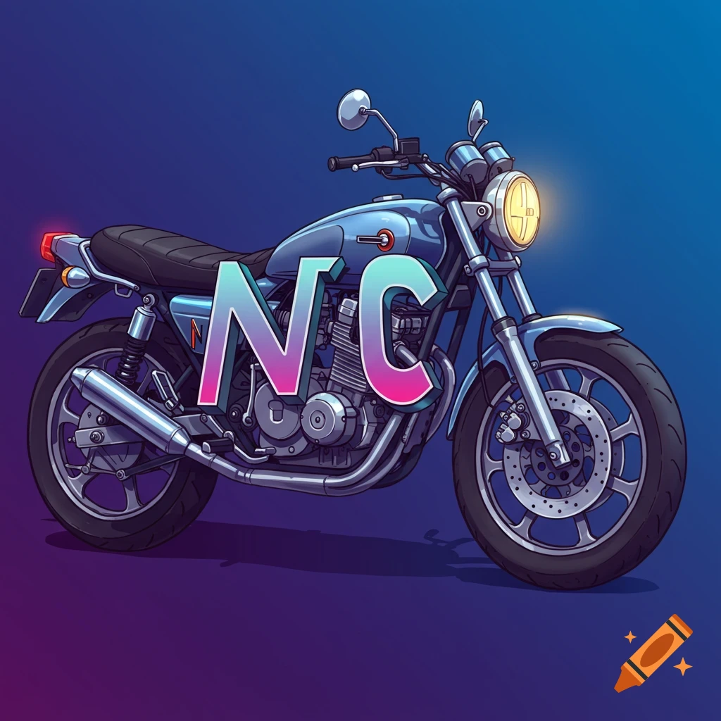 Digital illustration of a blue motorcycle with large pink and teal letters NC on the gas tank.