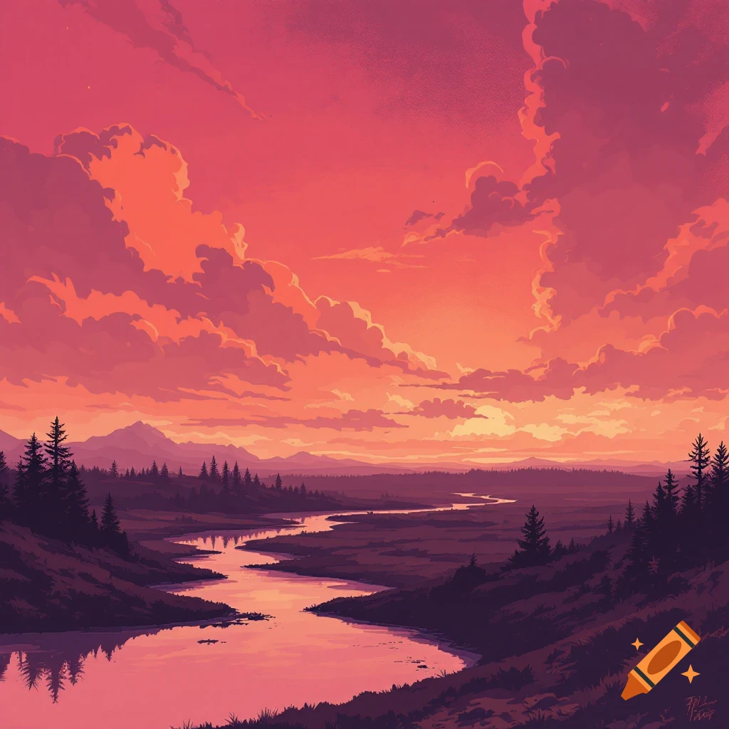 Pixel art landscape of a river winding through a valley under a dramatic pink and orange sunset sky.