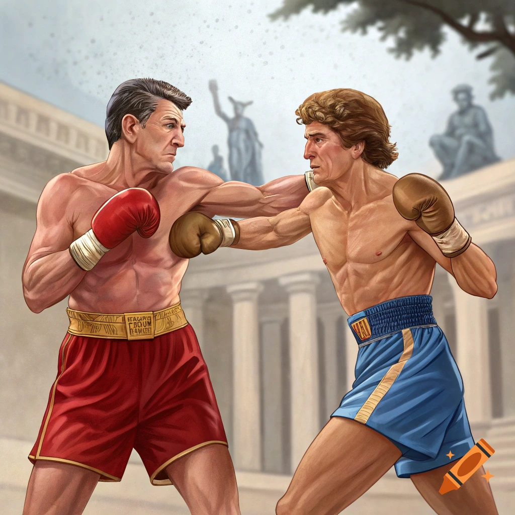 Illustration of Ronald Reagan boxing Alexander the Great in an ancient setting.