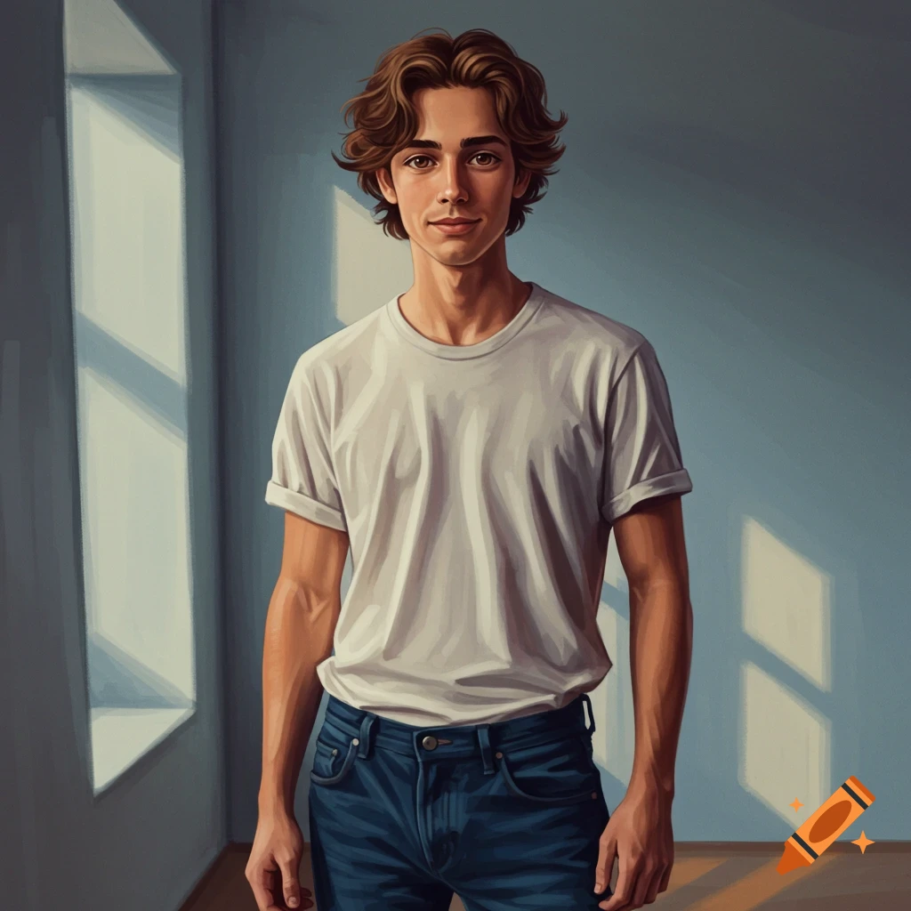 A young man with brown hair and eyes, wearing a white t-shirt and jeans, standing in a sunlit room.