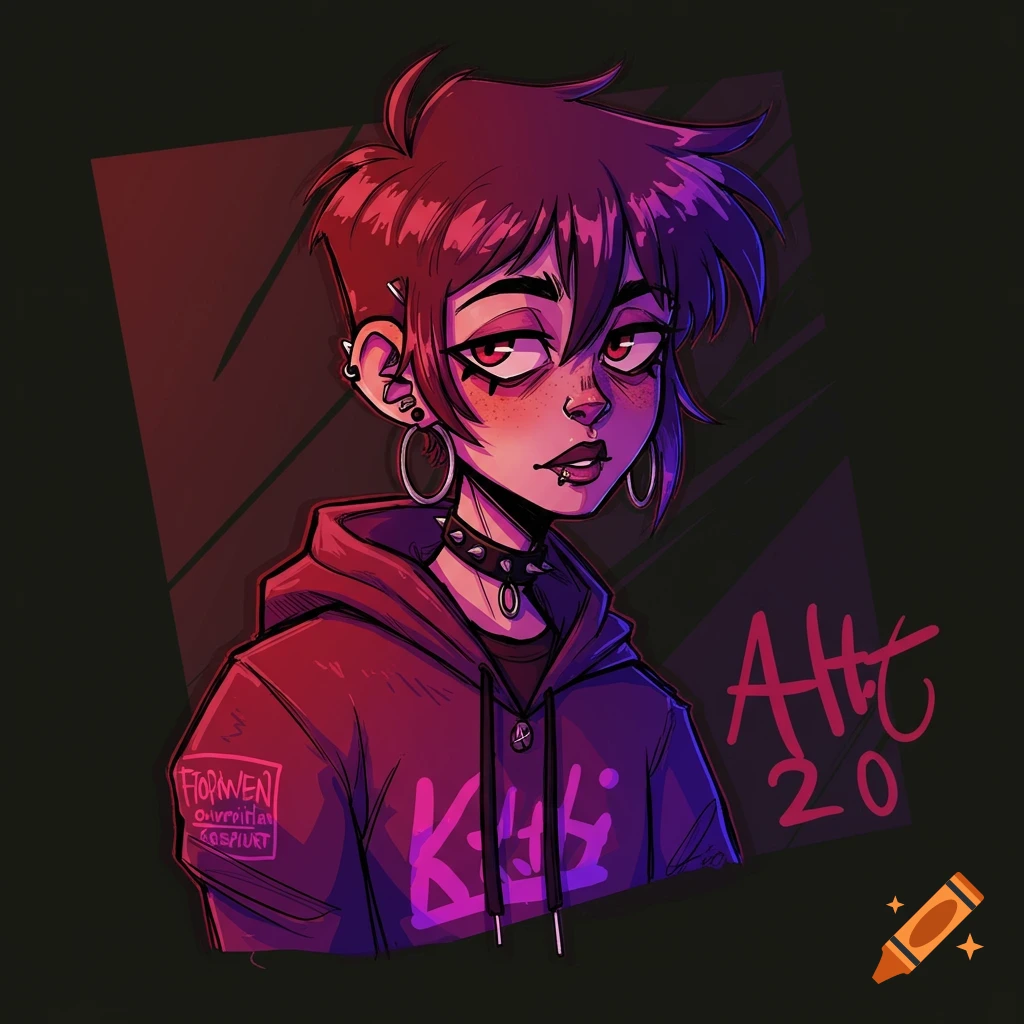 Stylized portrait of a person with short dark hair, red eyes, face and ear piercings, wearing a red hoodie.