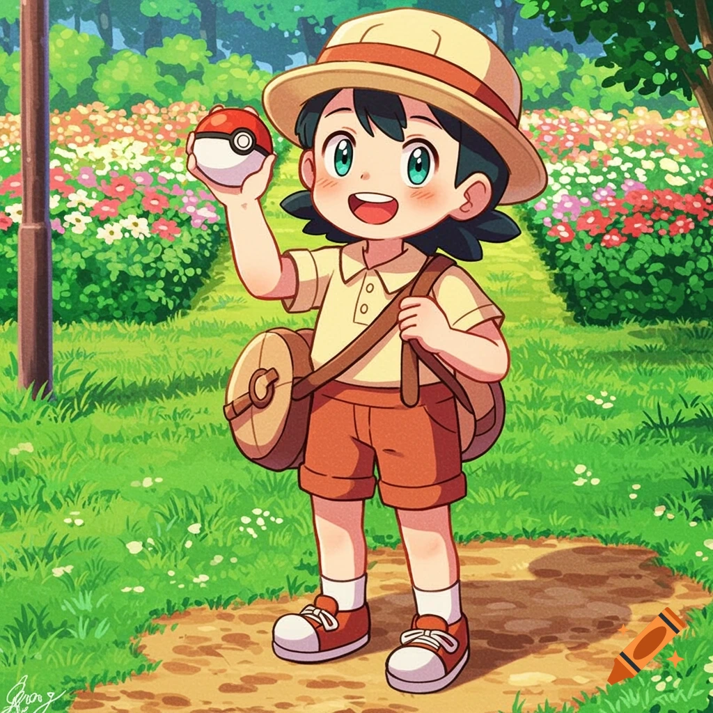 Anime-style child in a hat holding a Pokeball in a flowery park.