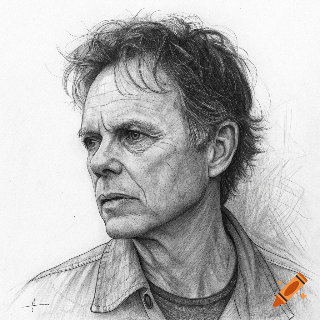 Charcoal sketch portrait of a man looking left, with messy hair and a striped shirt.