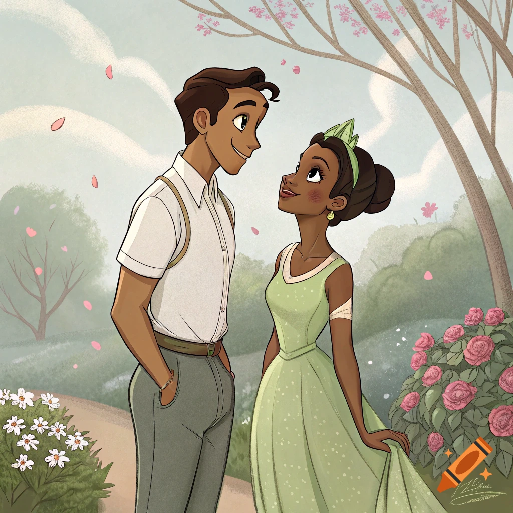 Cartoon illustration of a man and woman resembling Prince Naveen and Princess Tiana standing close in a park.