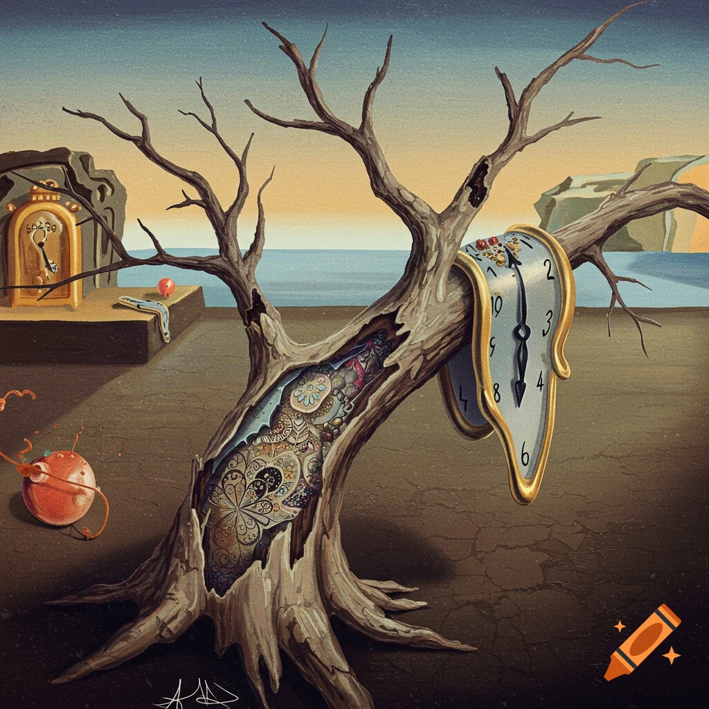 Surreal painting of a melting clock draped over a barren tree in a dry landscape with cracked ground, distant sea, and horizon