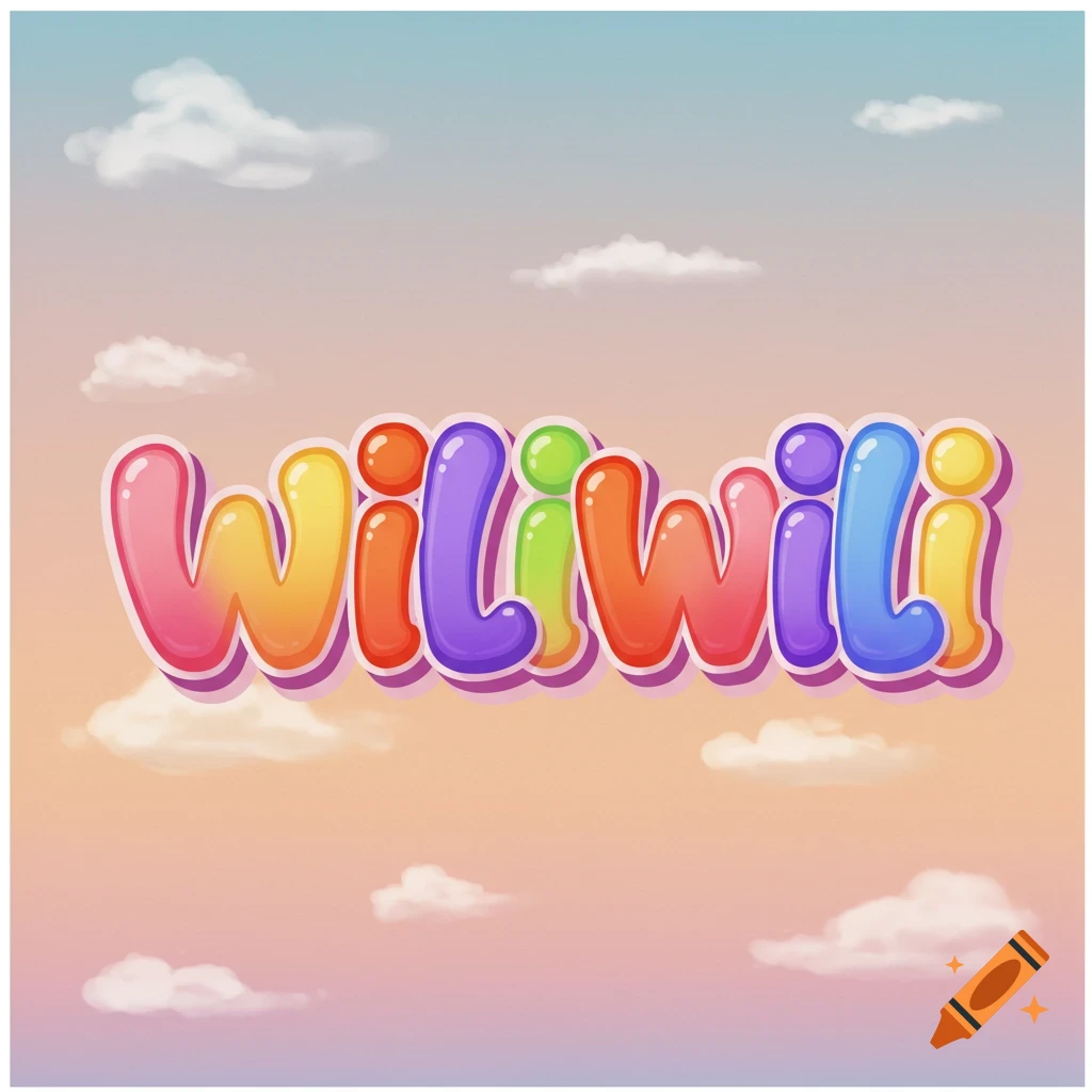 Colorful bubble letters spelling Wiliwili against a sky with clouds.
