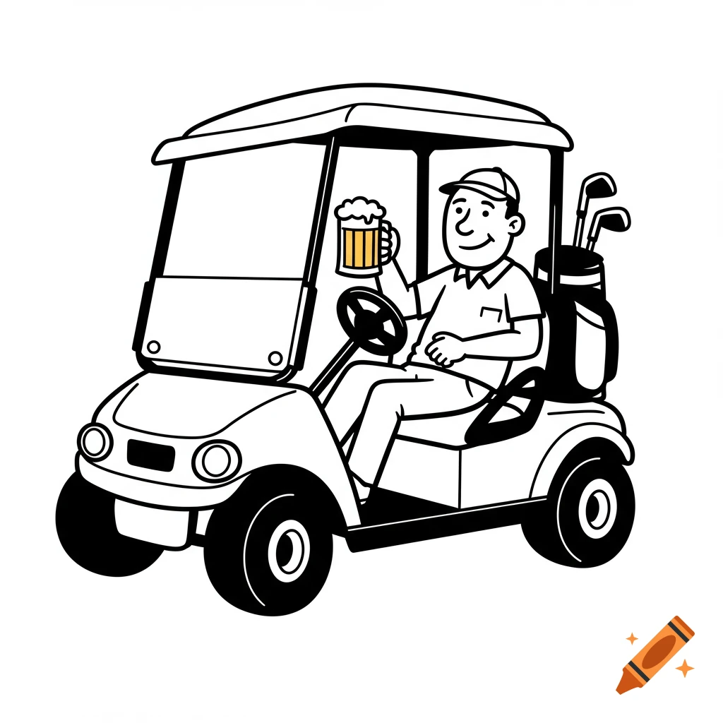 Black and white clip art of a man in a golf cart holding a beer mug.