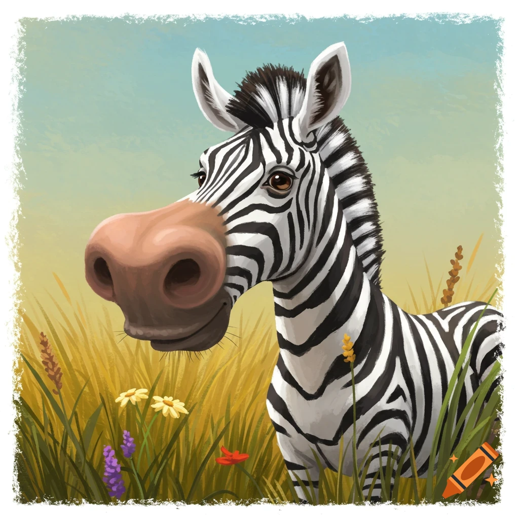 A cartoon zebra with a big nose stands in a field of tall grass and flowers.