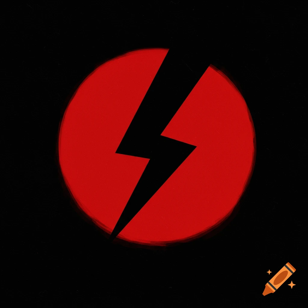 Black background with a red circle containing a black lightning bolt symbol.