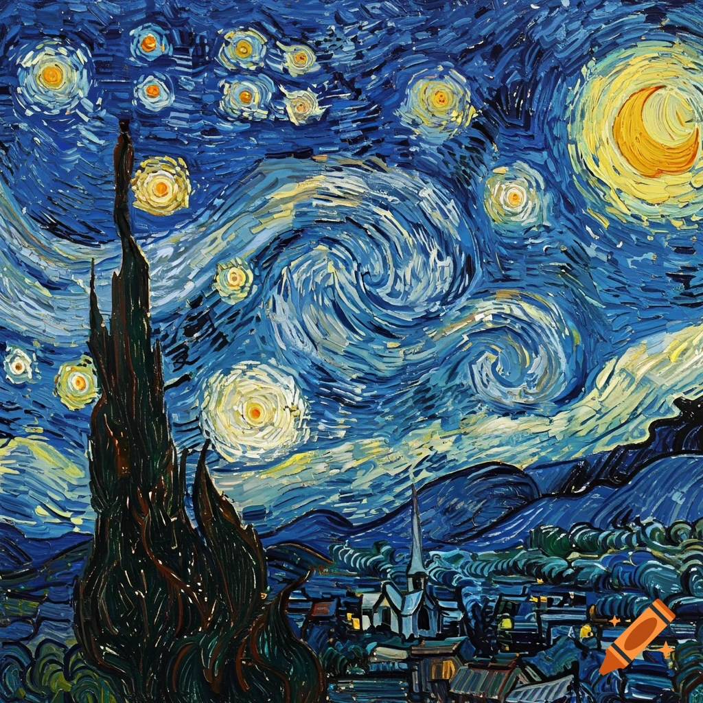 A painting of a swirling starry night sky with a cypress tree and village below, in the style of Van Gogh.