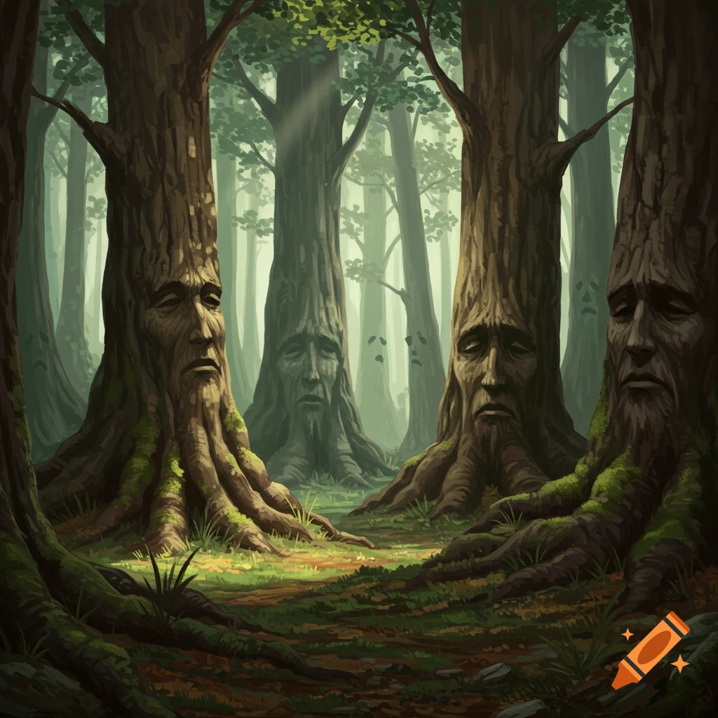 A forest with trees that have sad faces.