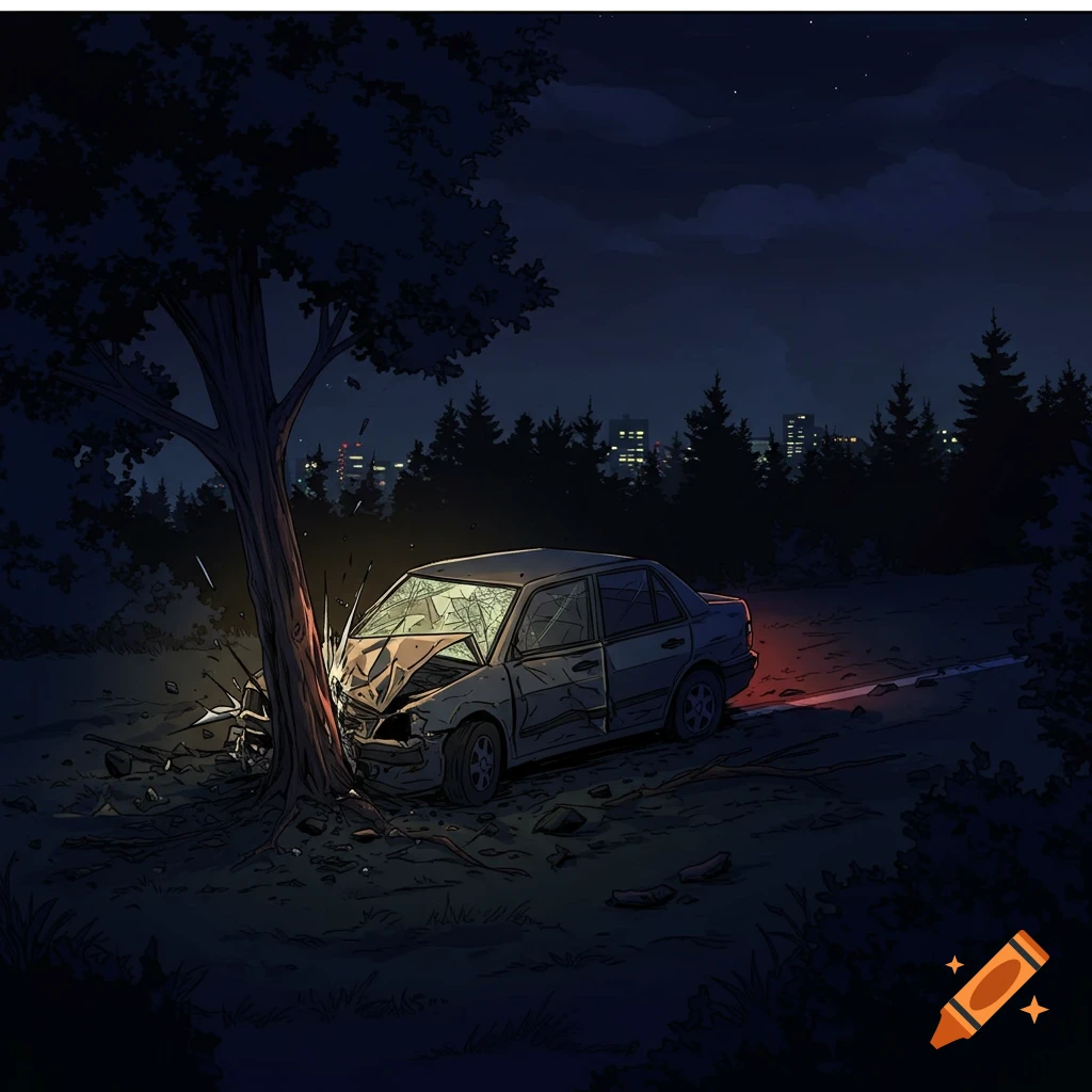 Webtoon style illustration of a car crashed into a tree at night.