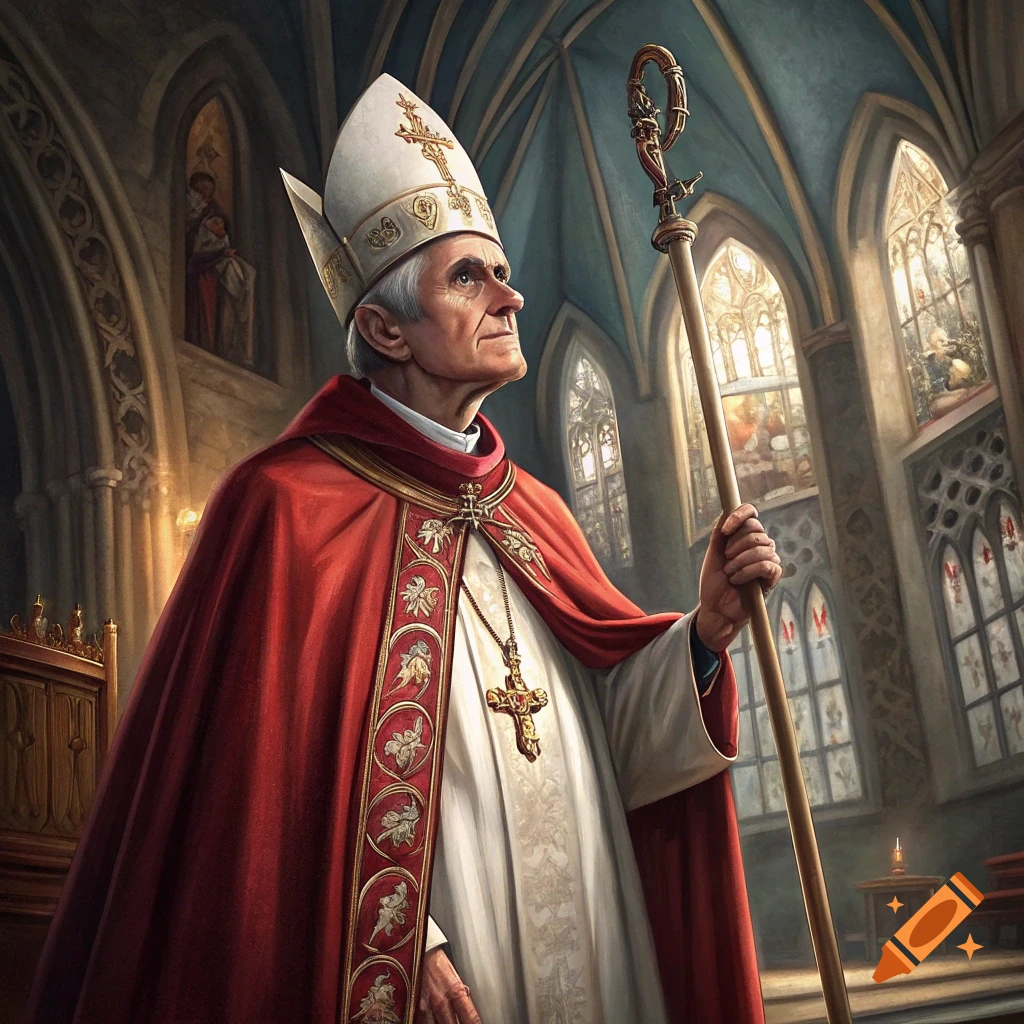 A man in a bishop's mitre and red cape stands in a church, holding a staff.