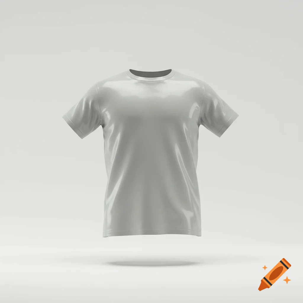 A shiny grey t-shirt floats in a white void.