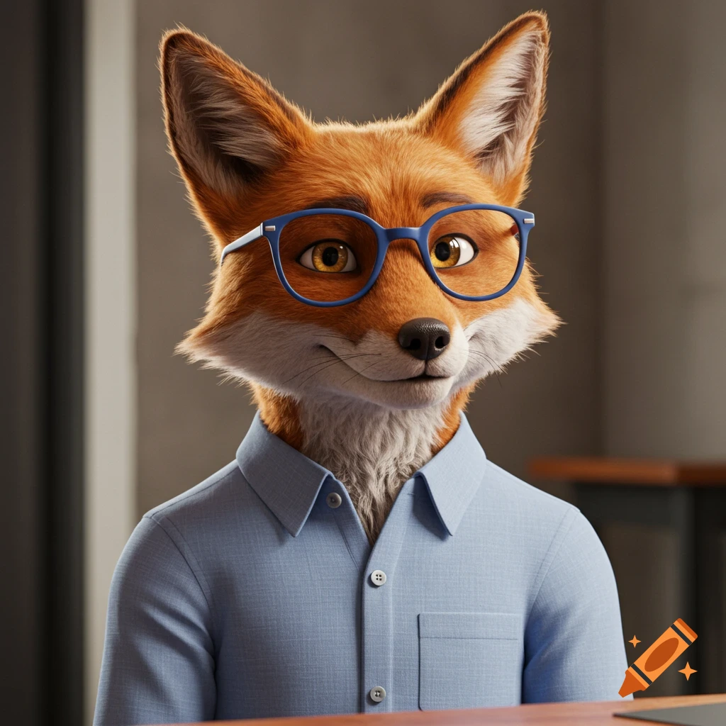 A realistic-style portrait of an anthropomorphic fox wearing a blue button-up shirt and blue-framed glasses.