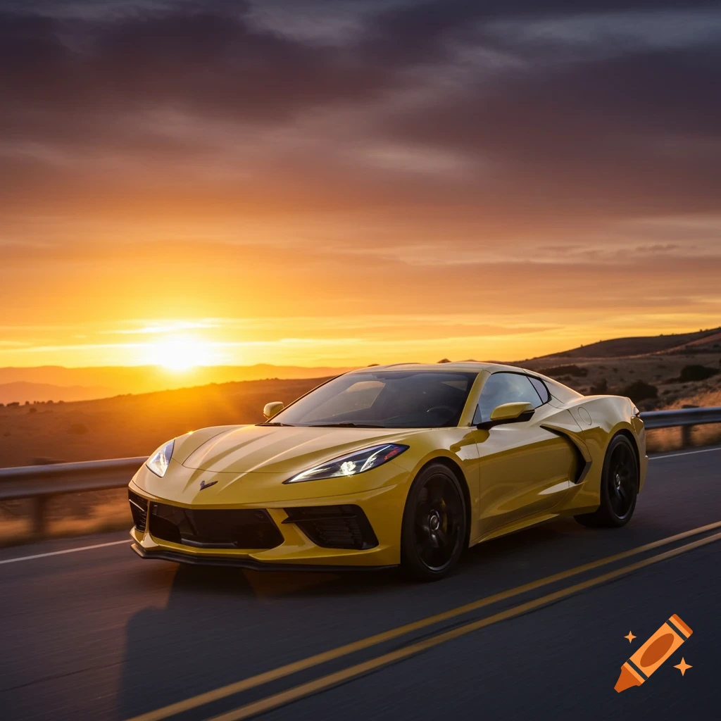 Yellow Corvette C8 driving on a road at sunset.