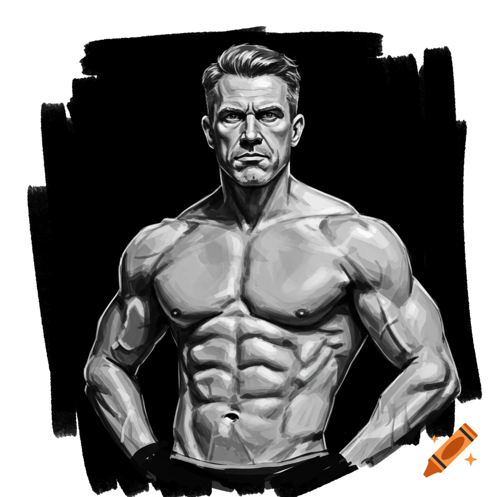 Grayscale image of a muscular man posing