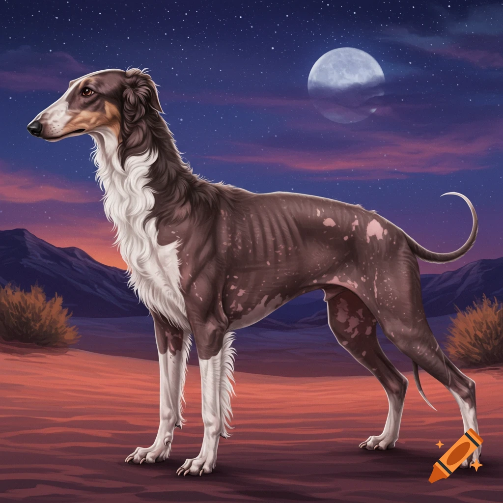 A Borzoi and Mexican hairless mix dog stands in a desert under a starry night sky with a full moon.