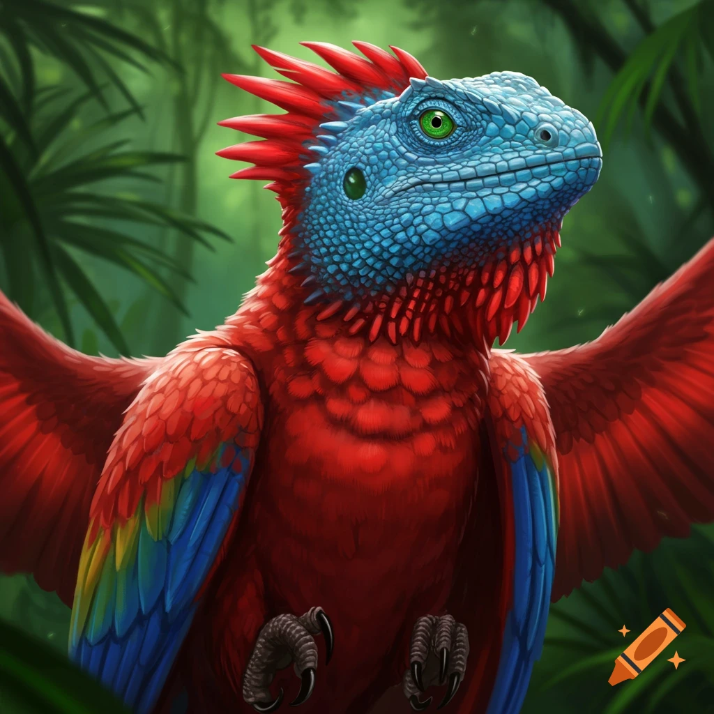 A red macaw and blue lizard hybrid creature in a jungle.