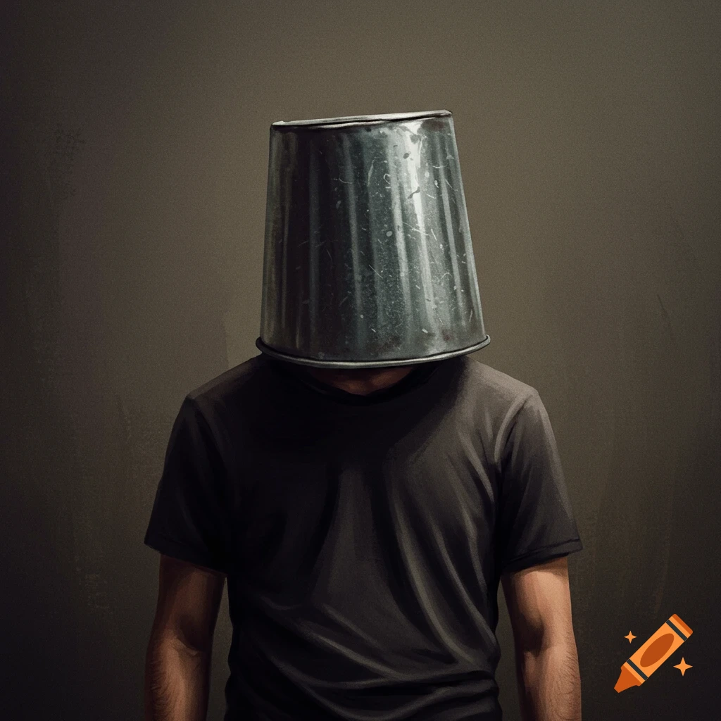 A person with a metal bucket over their head