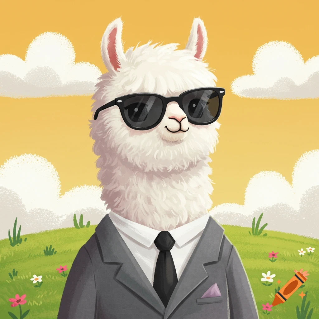 Cartoon alpaca in a suit and sunglasses standing in a field.