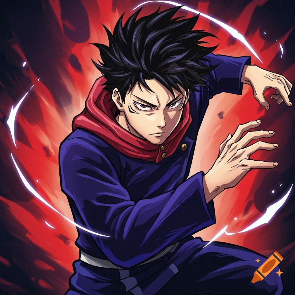 Anime male character with spiky hair, red hoodie, blue jacket in dynamic pose with red energy background.