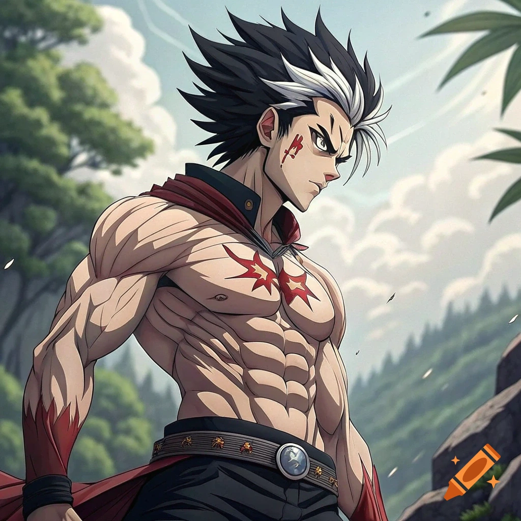Anime style man with spiky dark and white hair, red markings, shirtless, red cape, outdoors