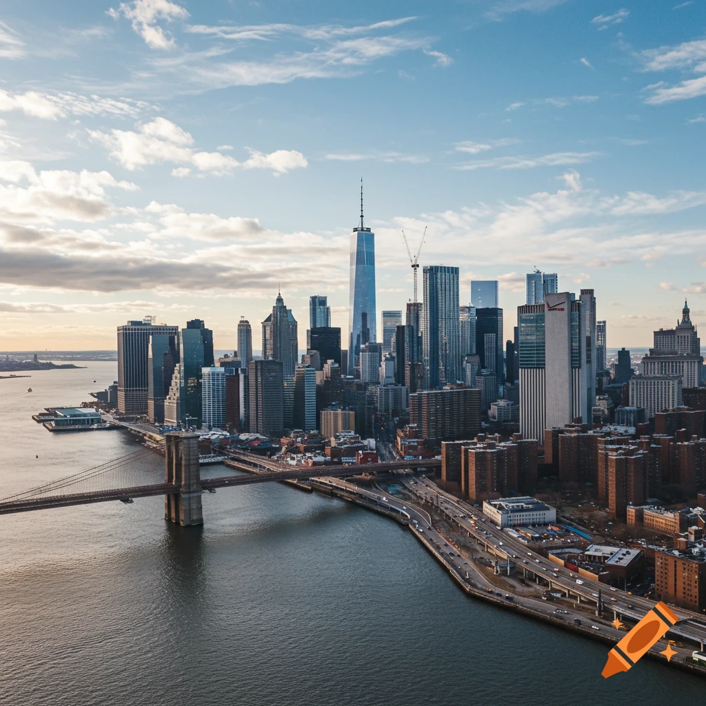 New York City skyline with the Brooklyn Bridge over the water