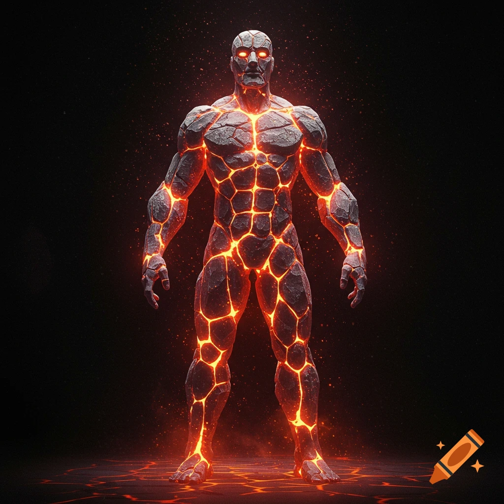 Humanoid creature made of dark rock with glowing orange lava cracks stands in a dark void. Stylized fantasy art.