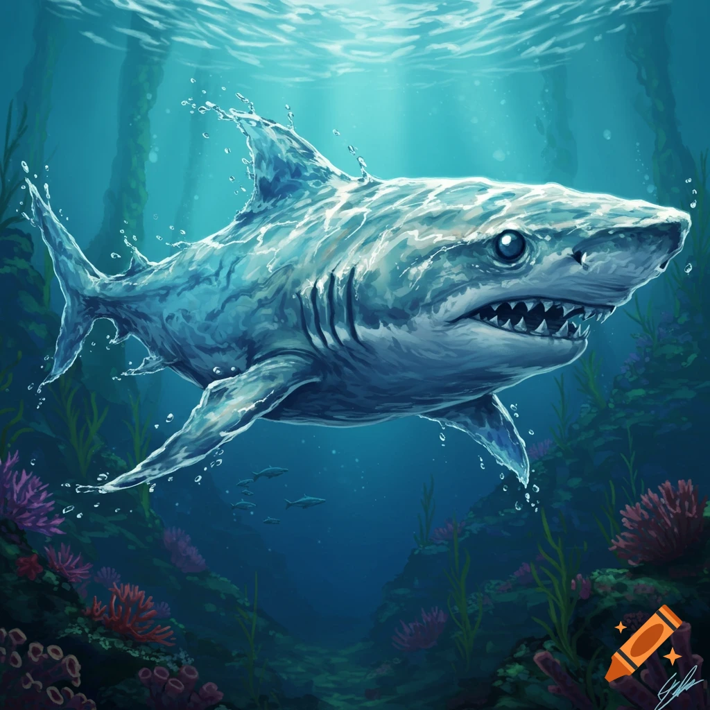A shark swimming underwater among coral reefs with light shining from above