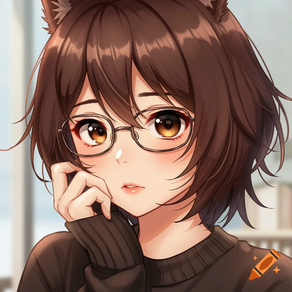Anime portrait of a girl with brown hair, glasses, and cat ears, wearing a brown sweater.