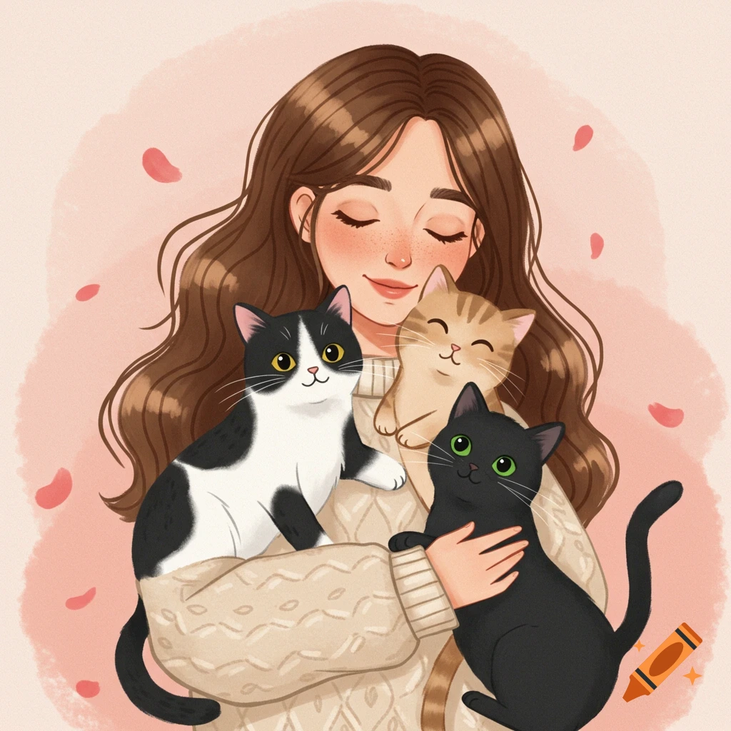 Cute illustration of a woman hugging a tuxedo cat, a striped beige cat, and a black cat.