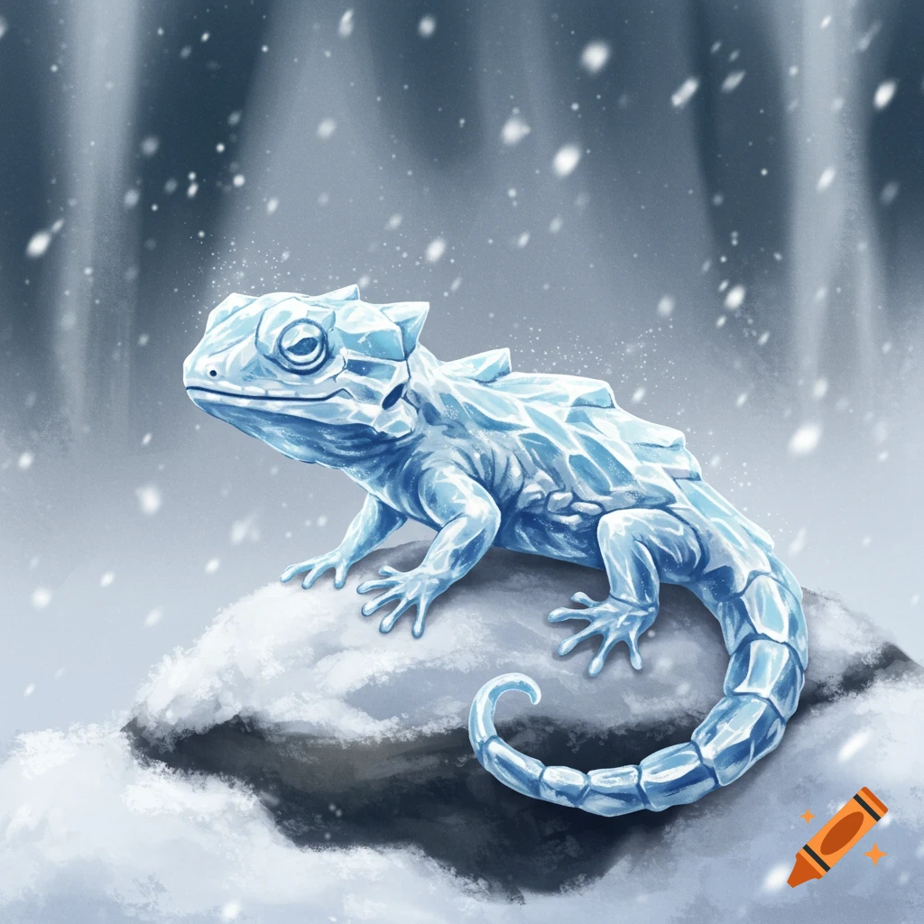 An ice lizard sitting on a snowy rock with falling snow.