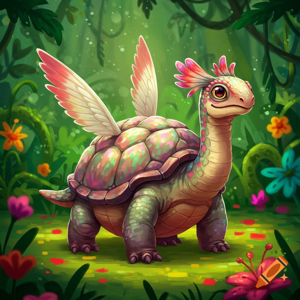 A winged turtle-like creature with a colorful shell and head crest stands in a lush fantasy jungle.