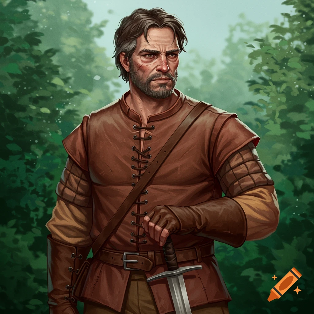 Image of a scarred man in leather holding a sword in a forest.