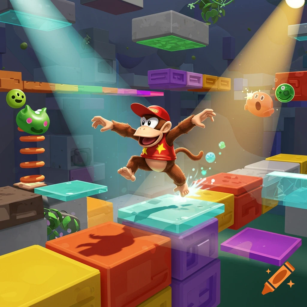 Cartoon monkey character jumping on colorful blocks in a video game platformer level.