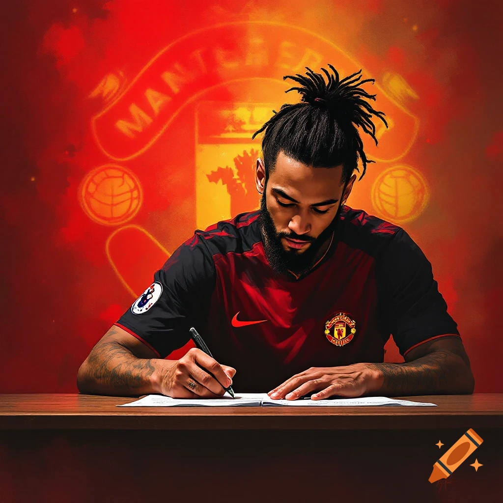 A man with dreadlocks is signing a paper at a table. He is wearing a red and black shirt with a club logo. The background is red with a large club logo.