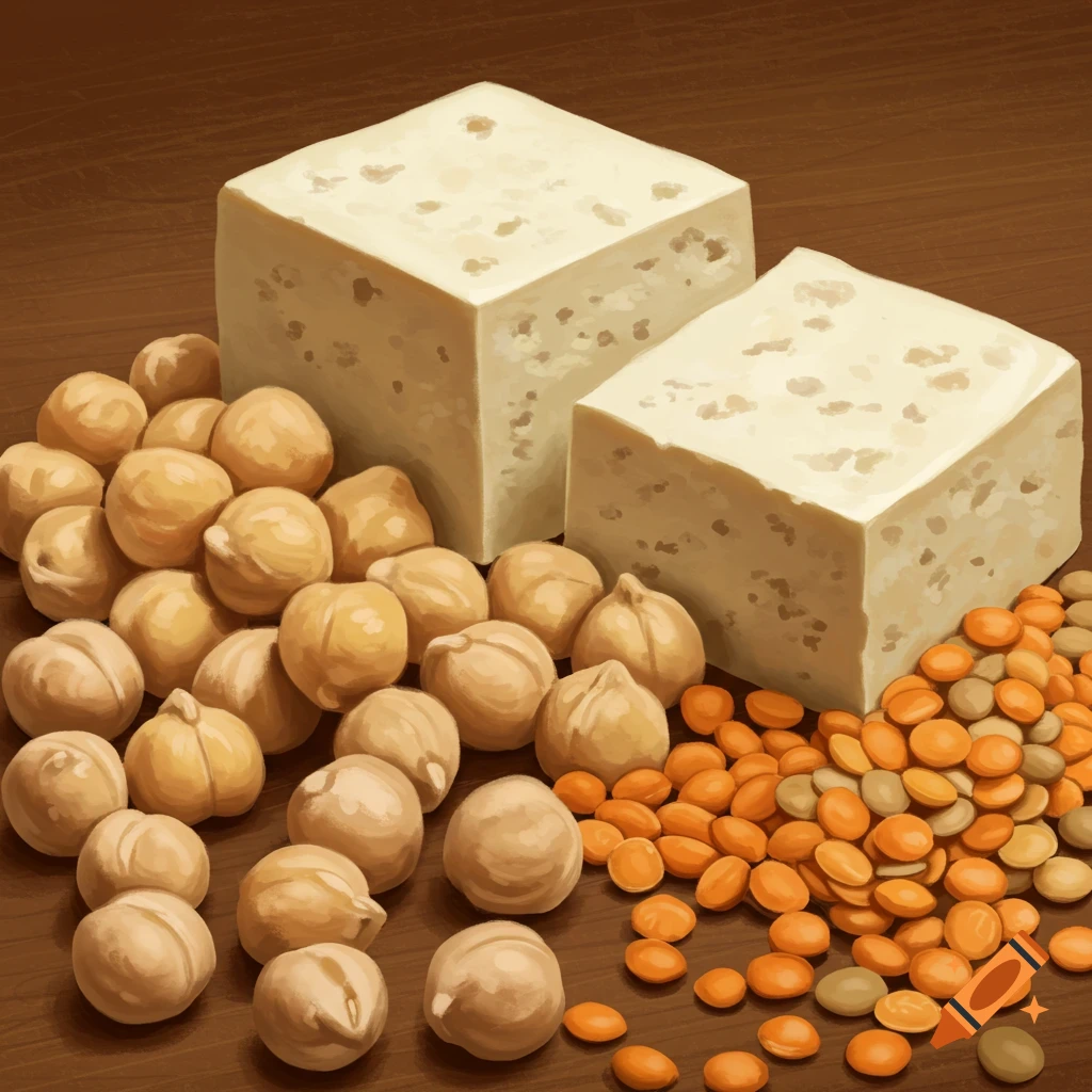 Painting of chickpeas, tofu cubes, and lentils.